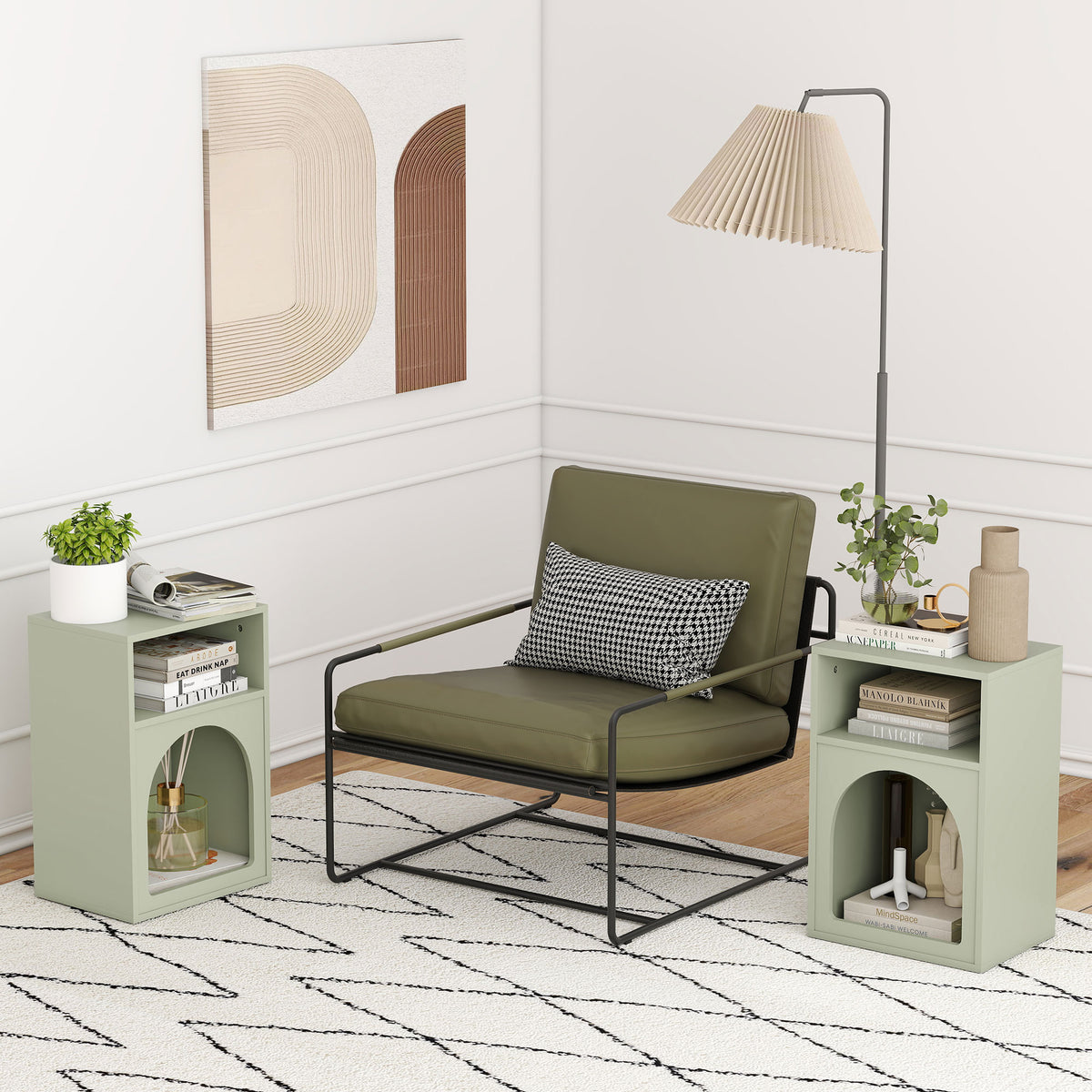 HOMCOM Set of 2 Bedside Tables with 2 Open Compartments - Light Green