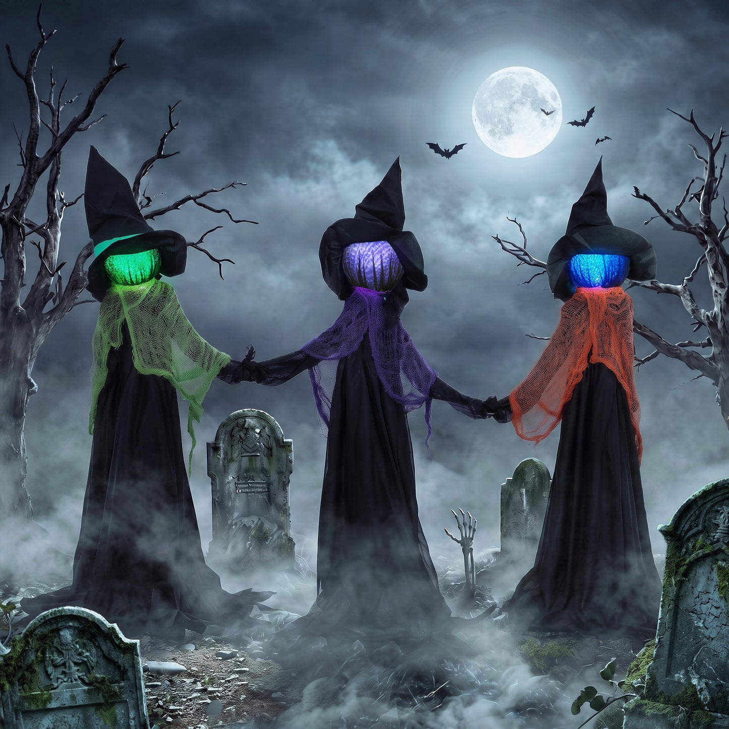 HOMCOM 120cm Witches Holding Hands Halloween Decorations Outdoor Indoor, Scary Halloween Witch Decor with Light-Up Heads