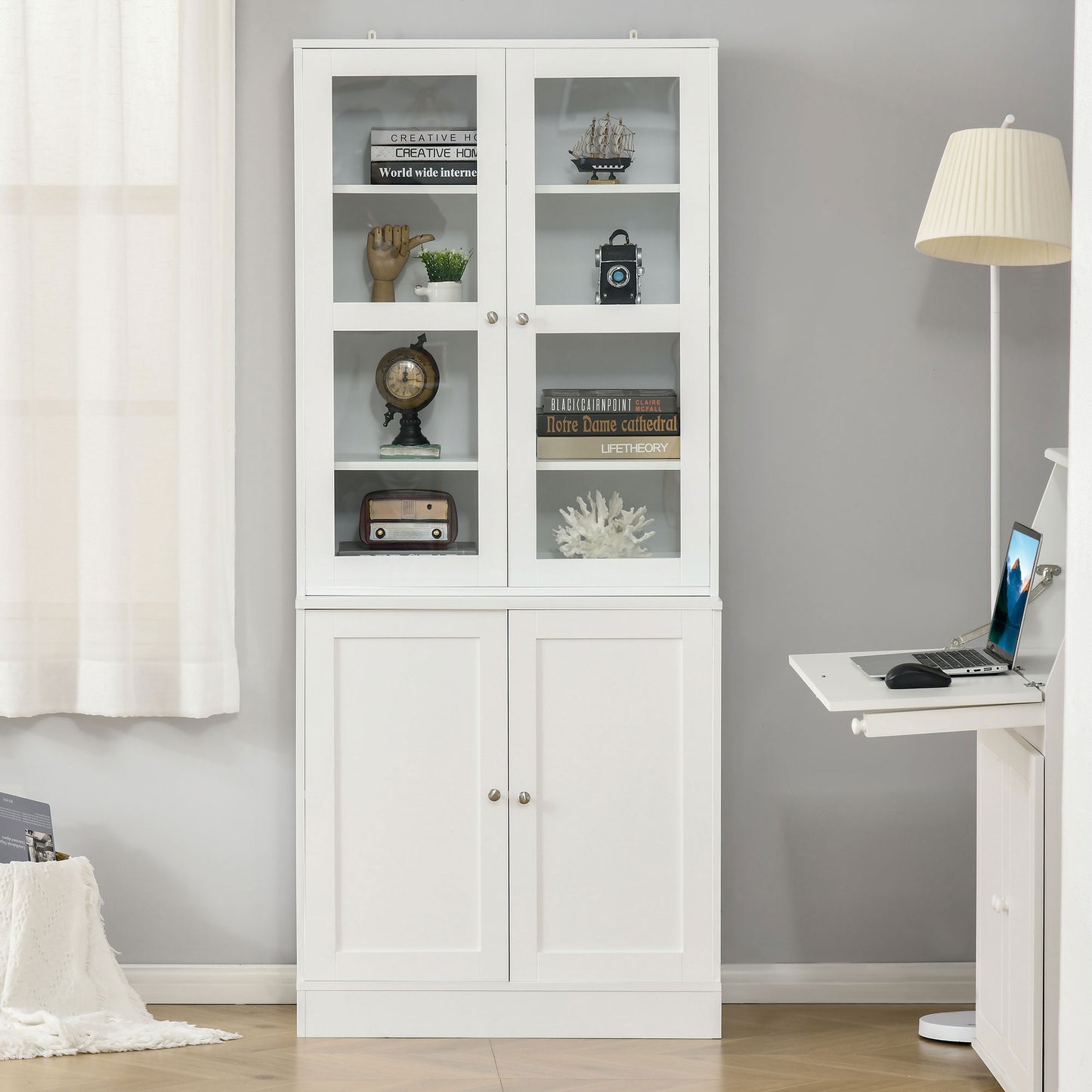 HOMCOM Modern Bookcase with Glass Doors, Display Storage Cabinet with Adjustable Shelves for Living Room, Study, Home Office, Kitchen Cupboard with Small Open Counter, White
