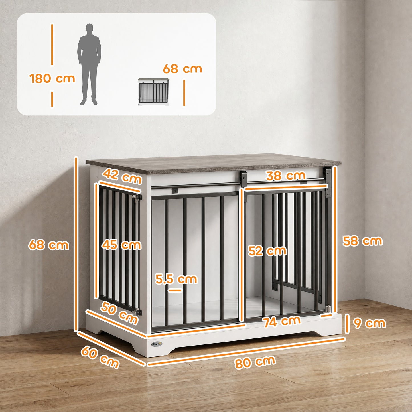 PawHut 80 cm Dog Crate Furniture with Sliding Barn Door for Medium Dogs, White