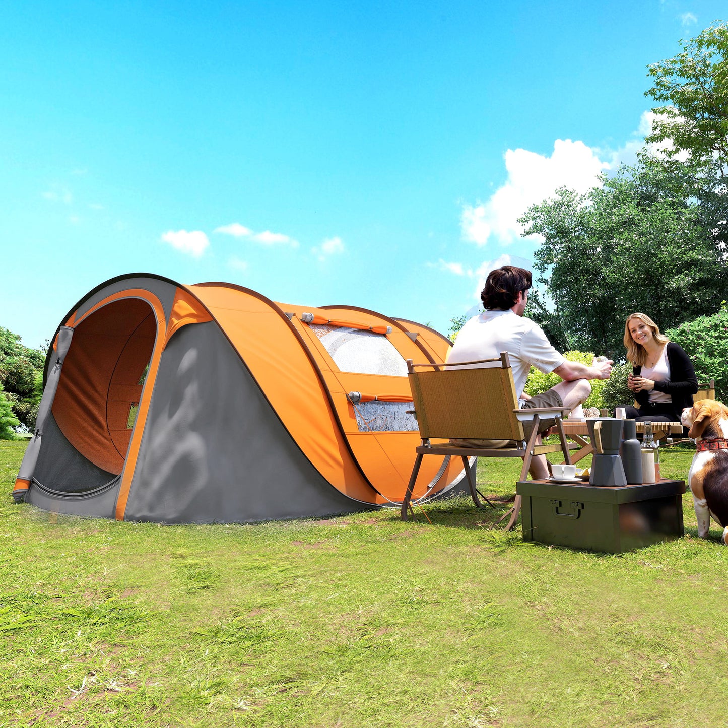 Outsunny 4 Person Pop-up Camping Tent Family Tent with Ground Sheet, 4 Windows and Portable Carry Bag for Beach Outdoor Trip, Orange