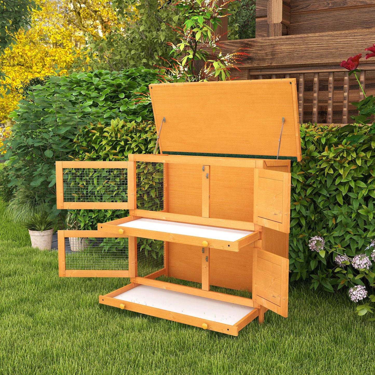 PawHut Double Tier Rabbit Hutch Large 2-Tier Wooden Hutch for Rabbits & Guinea Pigs, Pet Lovers Choice, Natural