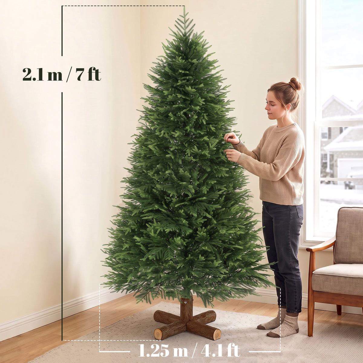 HOMCOM 7ft Artificial Christmas Tree, Hinged Xmas Tree with Realistic 1071 PE & PVC Branch Tips, Fir Wood Base, Green