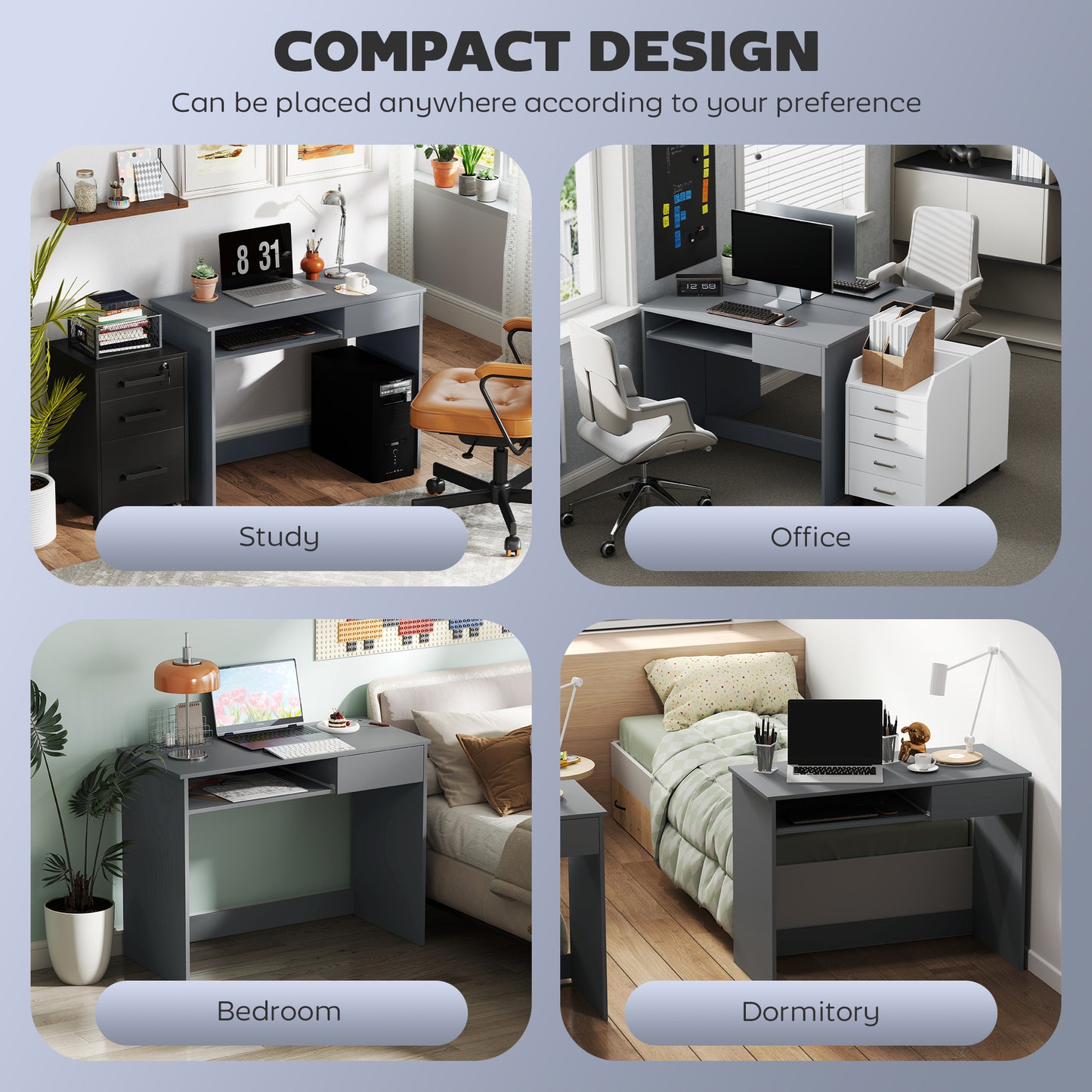 HOMCOM 100cm Compact Computer Desk with Keyboard Tray, Home Office Desk with Drawer for Bedroom Study, Grey