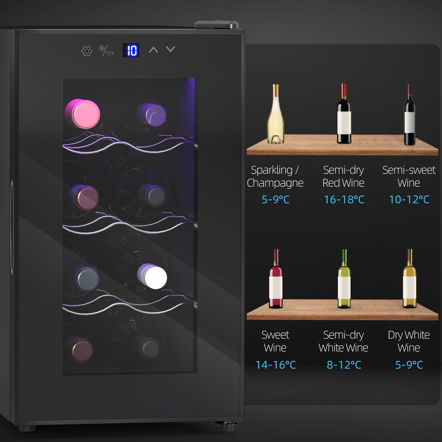 HOMCOM Mini Table Top Wine Fridge, 8 Bottle, 17L, 8-18â„ƒ, 26.5cm Quiet Under Counter Wine Cooler Fridge with Glass Door, LED Light, Digital Touch Screen, Temperature Control