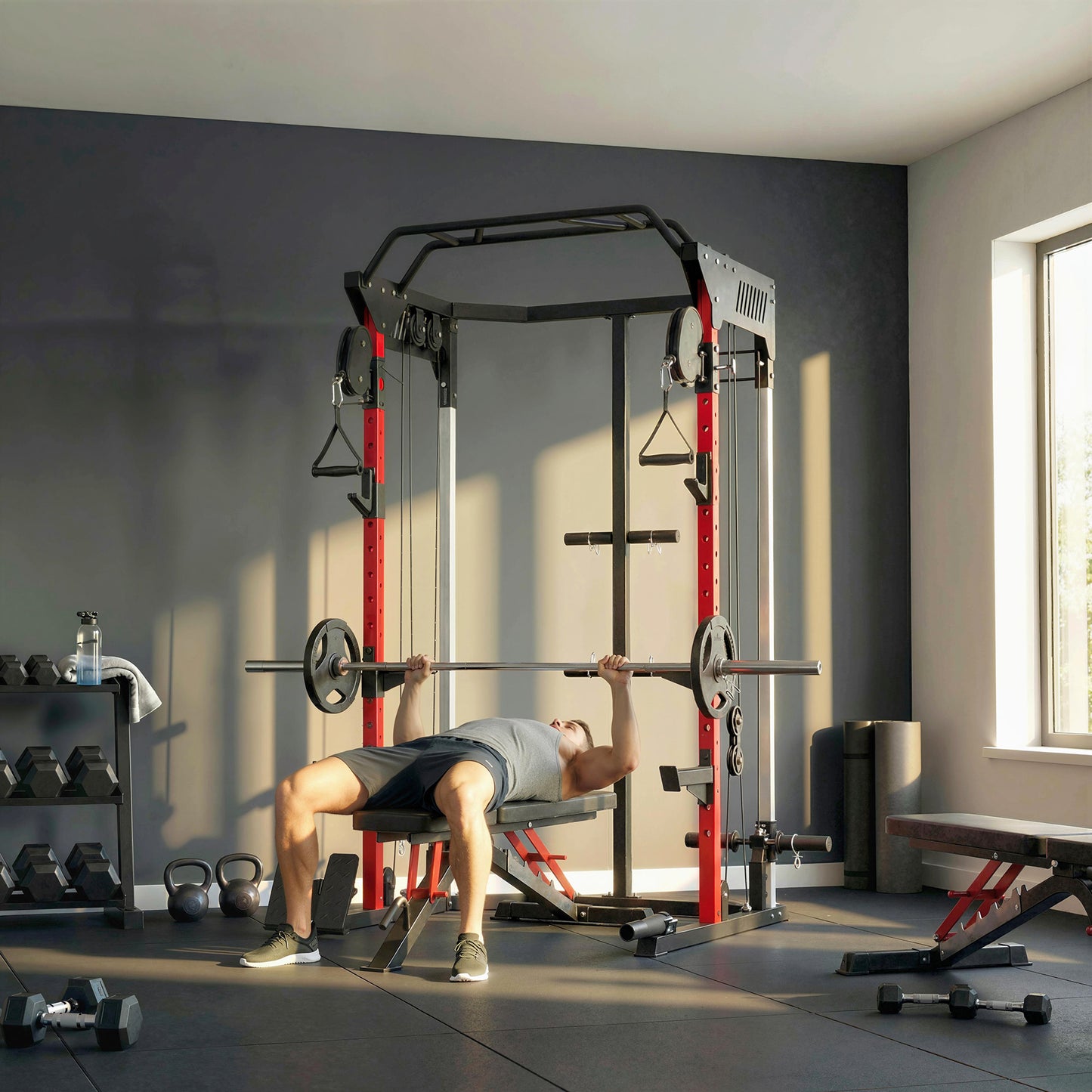 SPORTNOW Power Cage, Power Rack with Adjustable Cable Pulley System, Pull-Up Bar, Dip Station, Landmine
