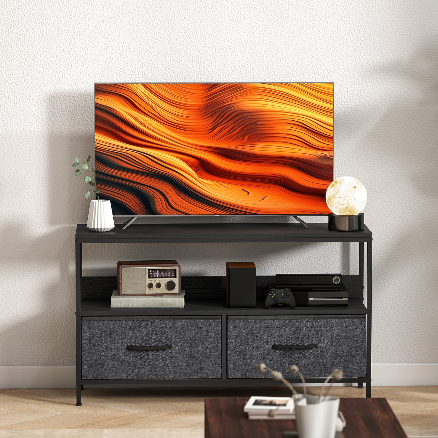 HOMCOM TV Stand Cabinet with 2 Foldable Drawers - Black