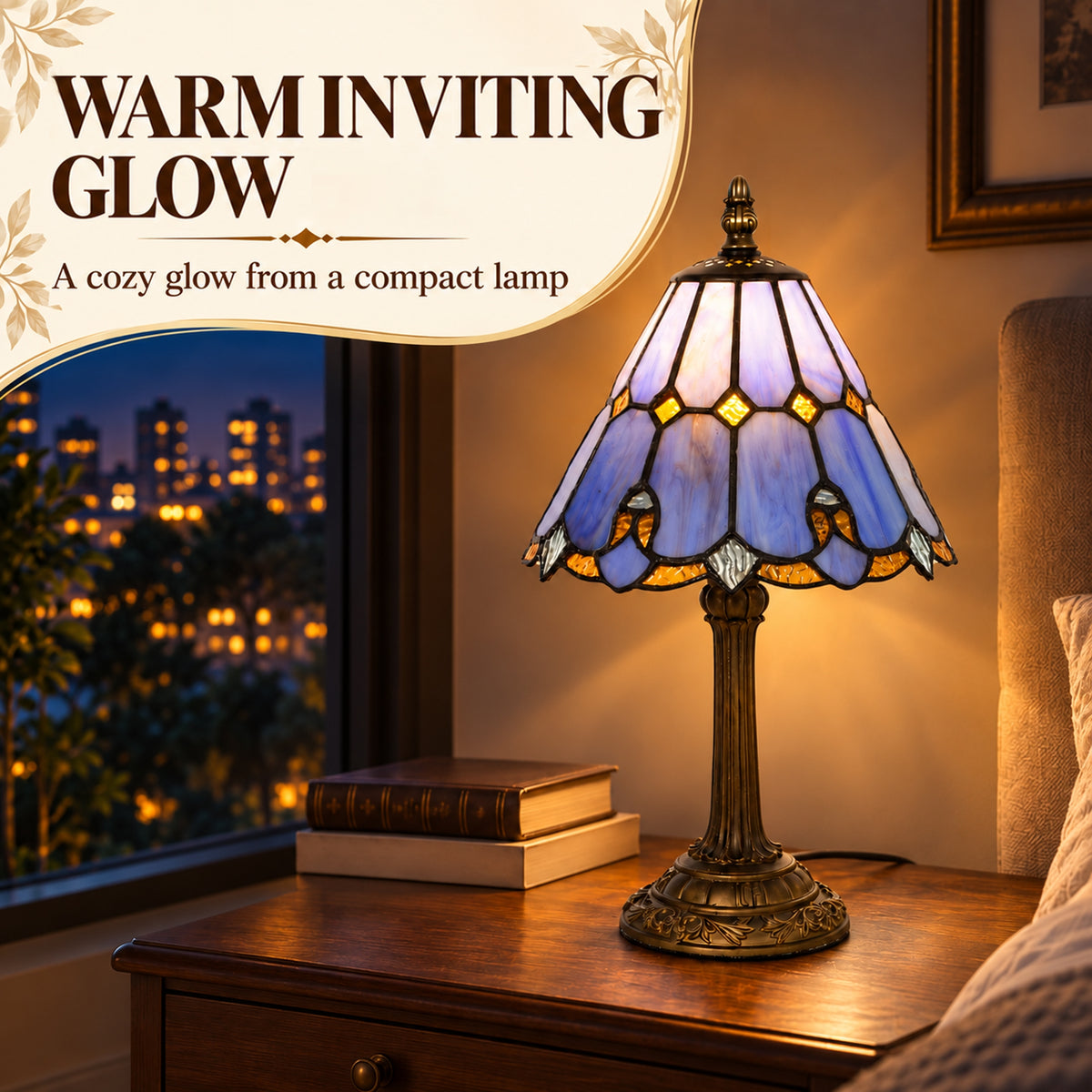 HOMCOM Tiffany-Style Table Lamp with Geometric Patterns, Handcrafted Antique Stained Glass Bedside Lamp, E27 Socket, Blue