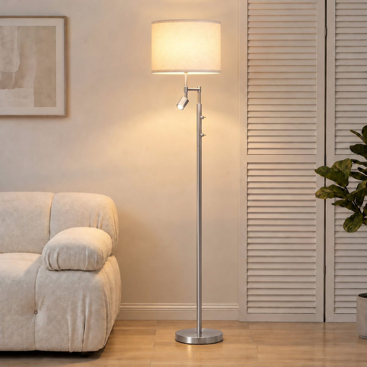 HOMCOM Modern Floor Lamp with Built-In Reading Light, Standing Lamp with Independent Switch, Satin Nickel