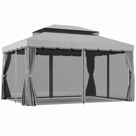 Outsunny 3 x 4m Aluminium GardenÂ Gazebo, Marquee Canopy Shelter Pavilion Party Tent with Nets and Curtains for Garden and Deck, Light Grey