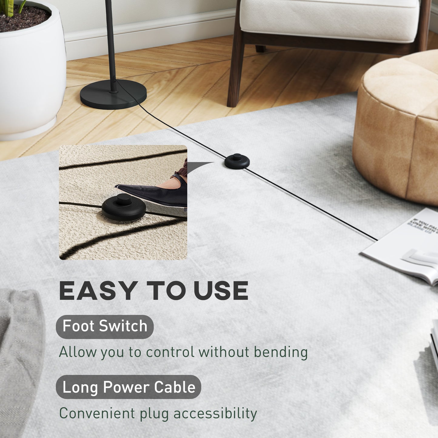 HOMCOM Floor Lamp for Living Room, 3D Printed Modern Standing Lamp with Flowing Curved Shade, 3 Colour Temperature & Foot Switch, Minimalist Tall Pole Lampshade for Bedroom, Office, White