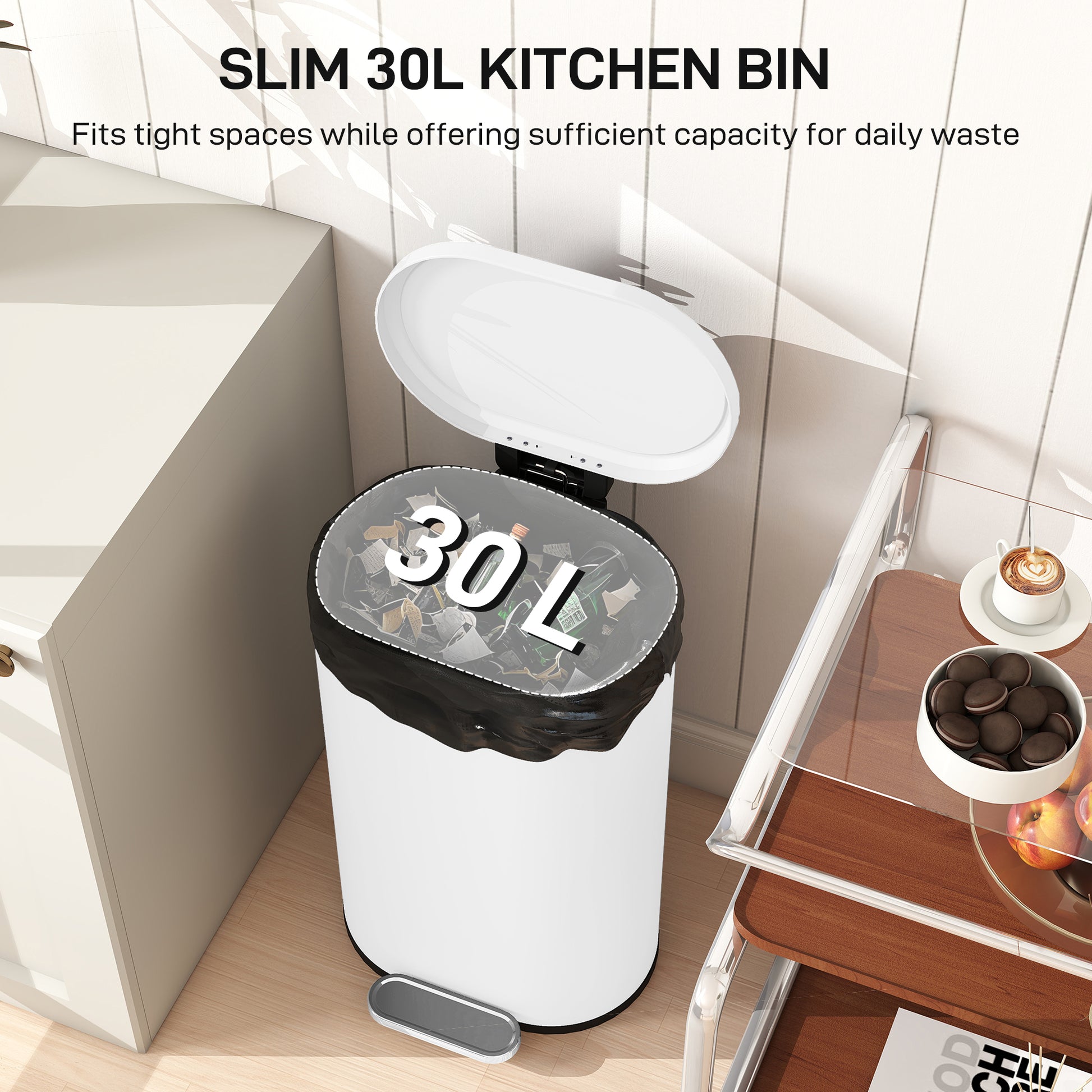 HOMCOM 30 L Modern Curved Kitchen Bin - White