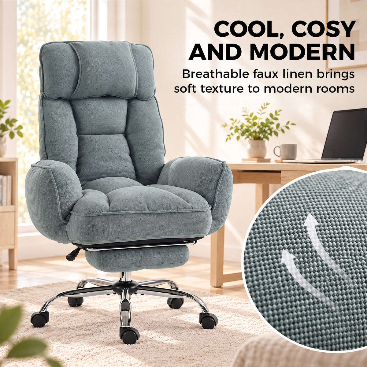 HOMCOM Executive Office Chair Height Adjustable Desk Chair Reclining Flip-up Armrest Footrest, Light Green