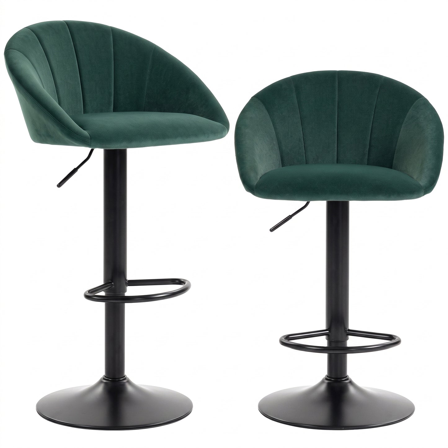 HOMCOM Bar Stools Set of 2 Adjustable Swivel Velvet Breakfast Bar Stools with Backrest, Dark Green