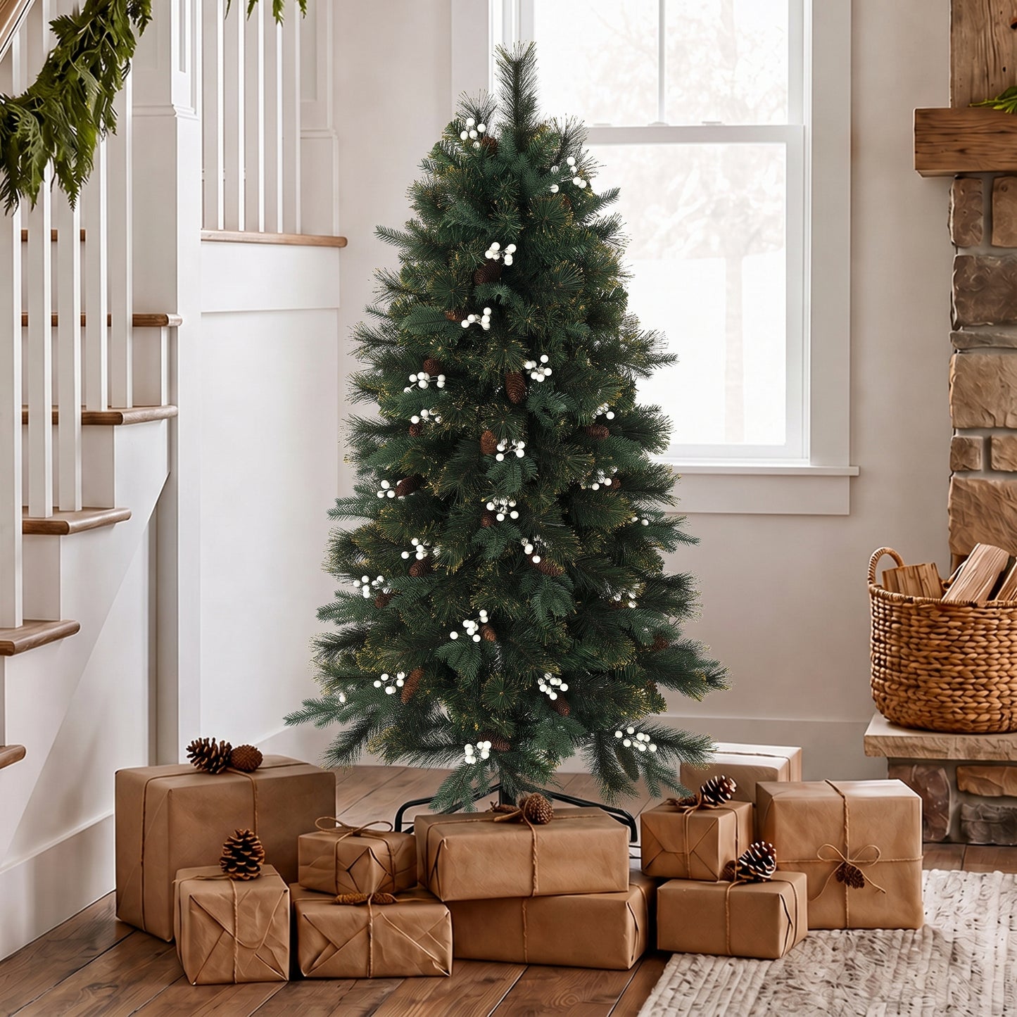 HOMCOM 5ft Artificial Christmas Tree, Fir Hinged Xmas Tree with 490 Branch Tips, Foldable Metal Stand, Easy Assembly, Green
