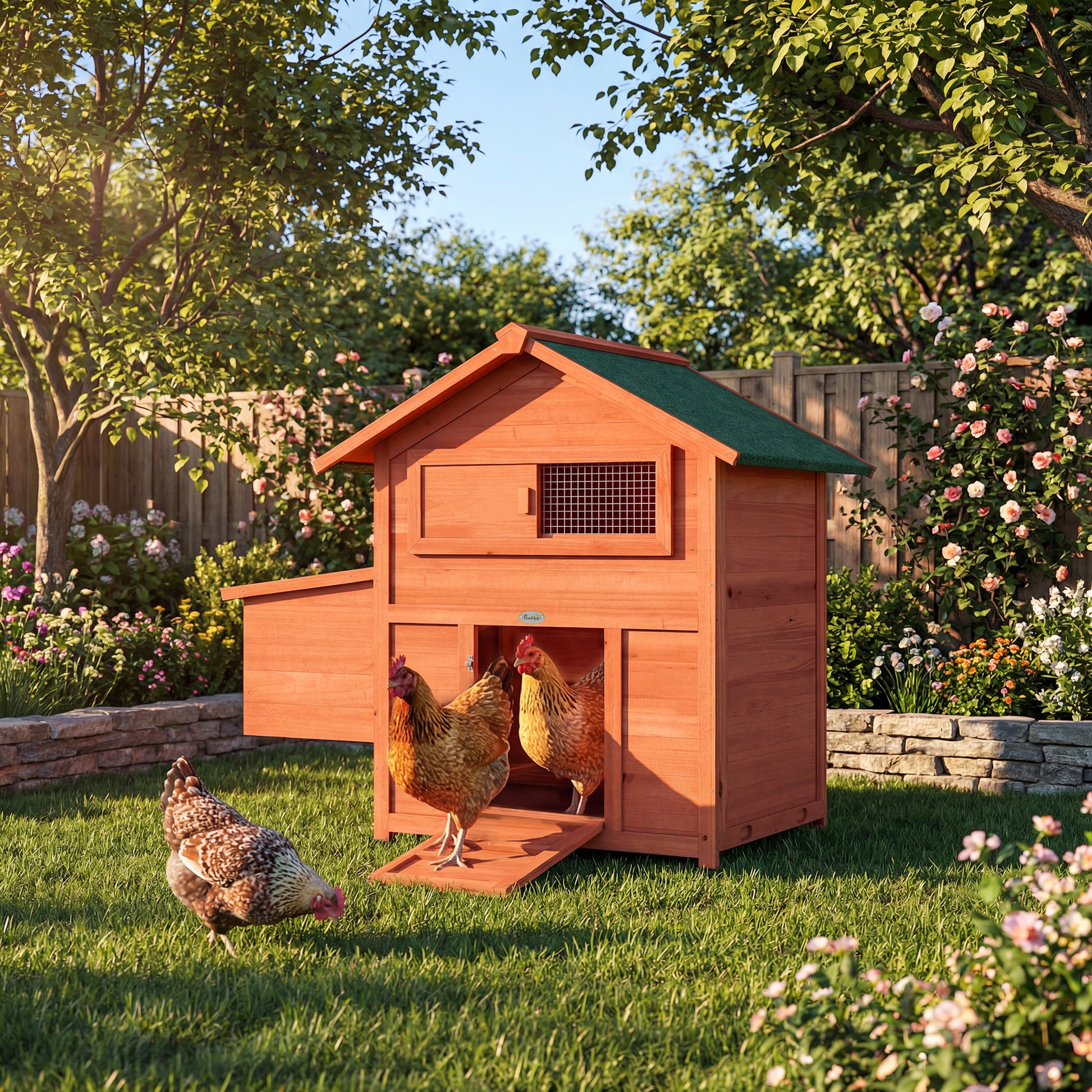 PawHut Chicken Coop, Wooden Hen House with Nesting Box, Pull-Out Tray, Waterproof Roof, Wooden Nature