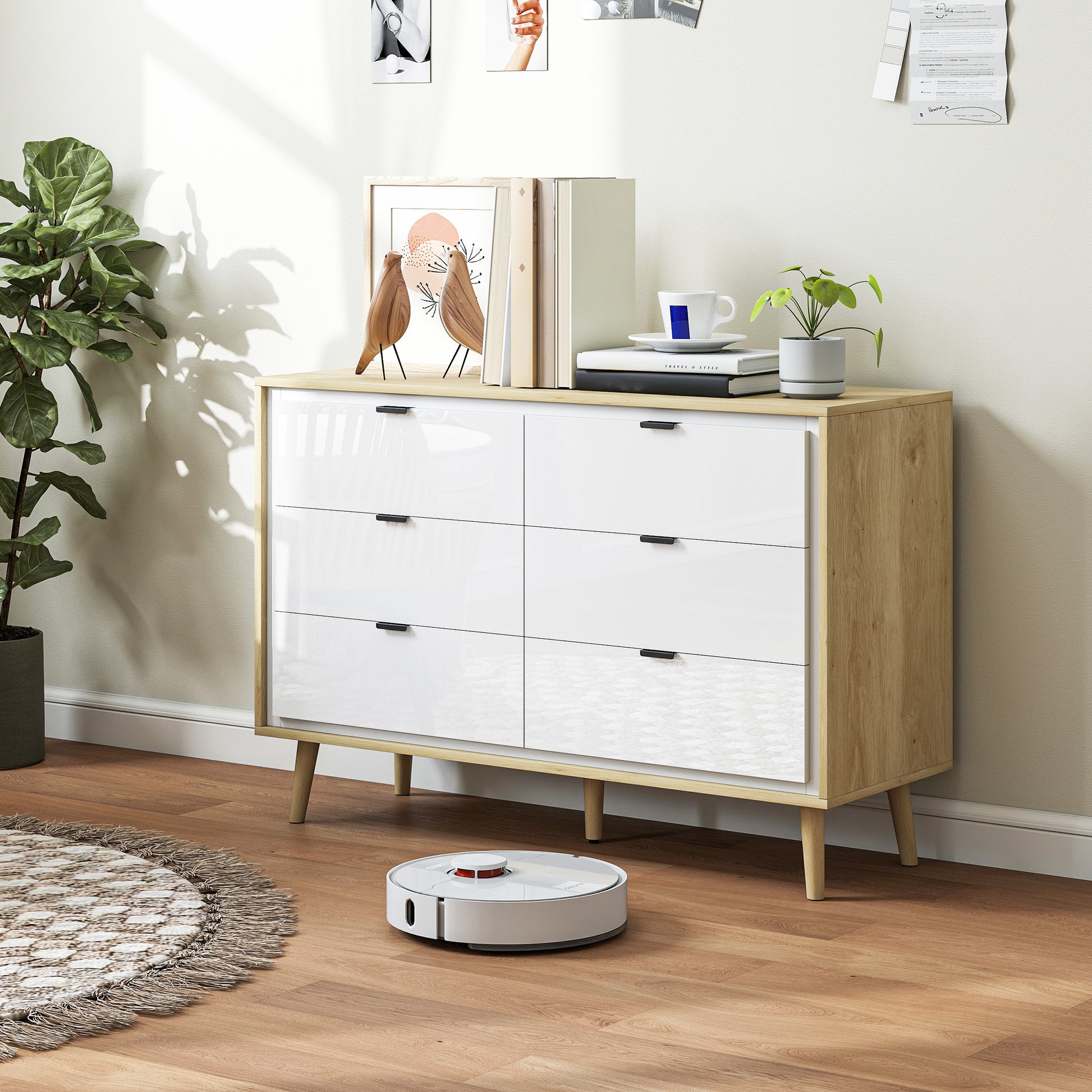 HOMCOM Storage Cabinet, Chest of Drawers with 6 Drawers and 5 Legs for Bedroom, High Gloss White