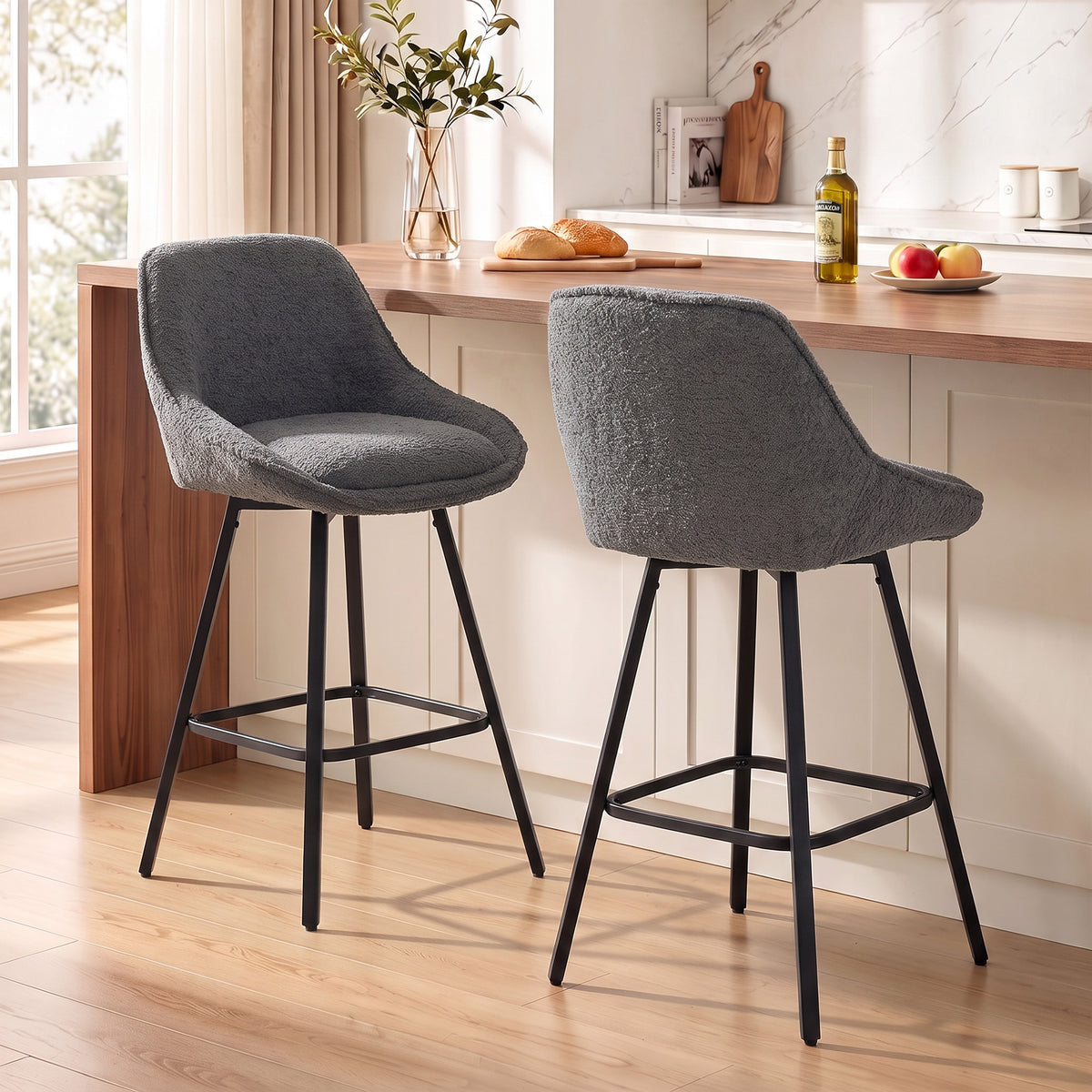 HOMCOM Bar Stools Set of 2, 64 cm Modern Linen-Touch Fabric 360Â° Swivel Counter Height Bar Chairs, Dark Grey