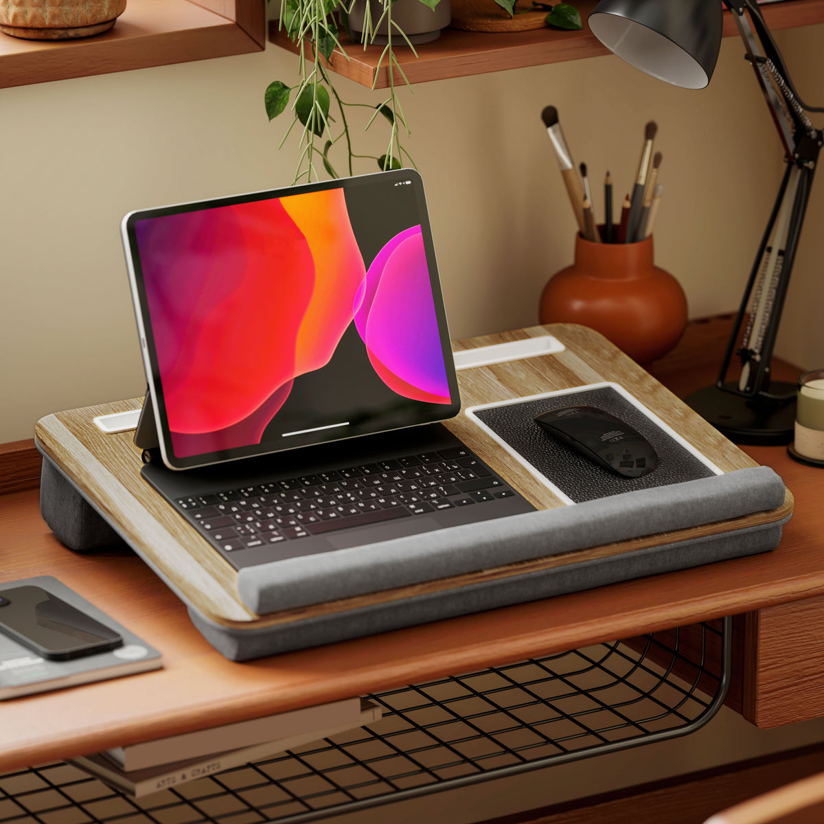 HOMCOM Lap Desk for Bed Sofa, Laptop Tray with Cushion Mouse Pad, Wrist Rest & Phone Holder, Fits Up to 15.6" Laptops, Oak Grey