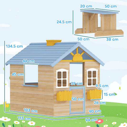 Outsunny Wooden Playhouse, Wendy House with Door, Bench, Flowerpot Holder, for Ages 3-7 Years, Blue