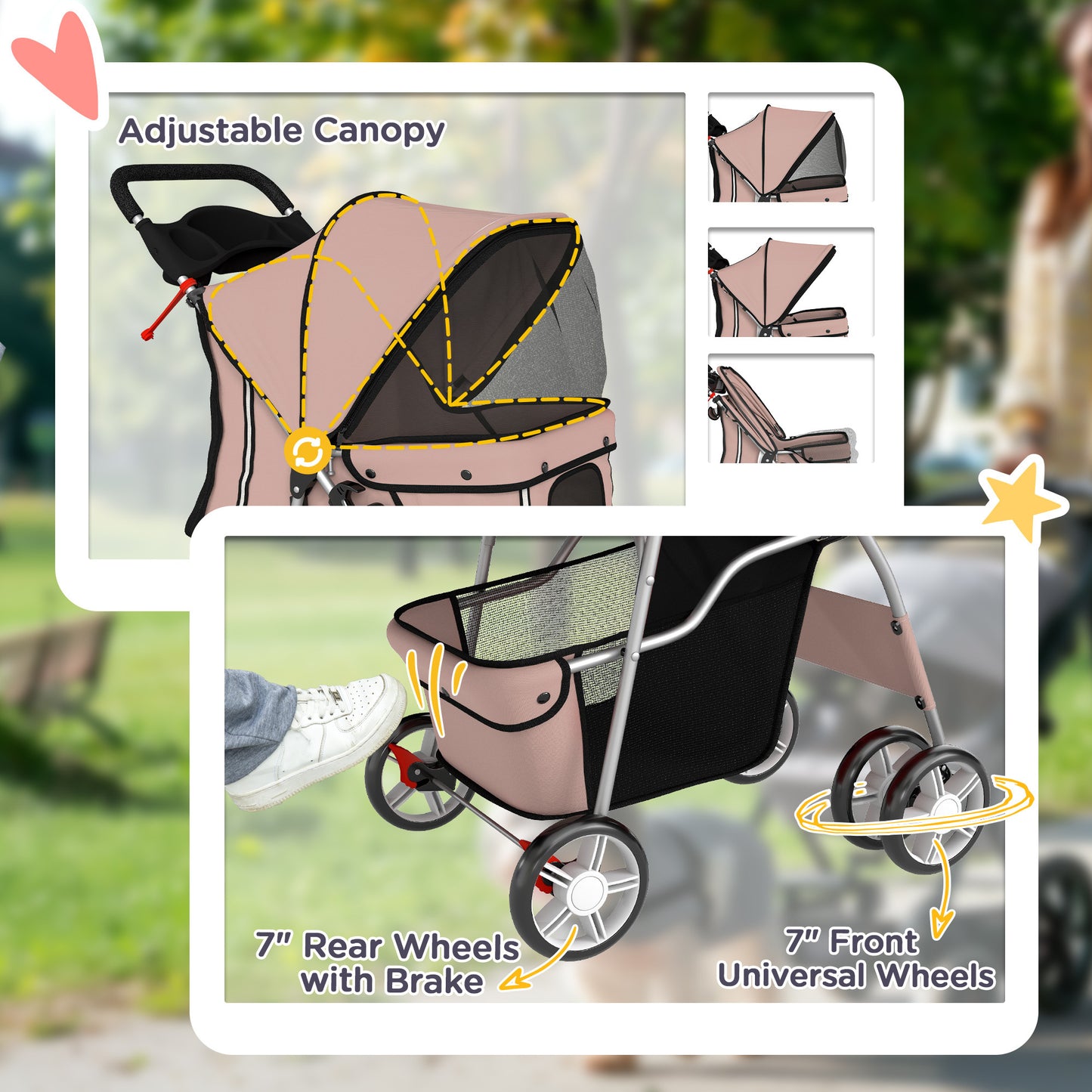 PawHut Dog Pram, Pet Stroller with Reflective Strips, Foldable Cat Stroller with 360Â° Swivel Wheels, Brown