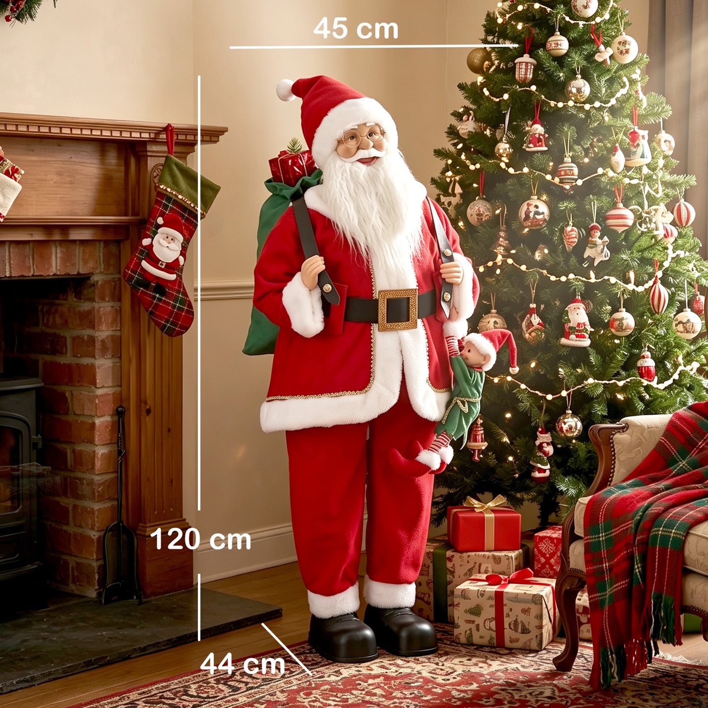 HOMCOM 4ft Singing Dancing Santa Claus, Standing Christmas Animated Santa Figure with Sack, Hanging Elf, Sound/Touch Activated