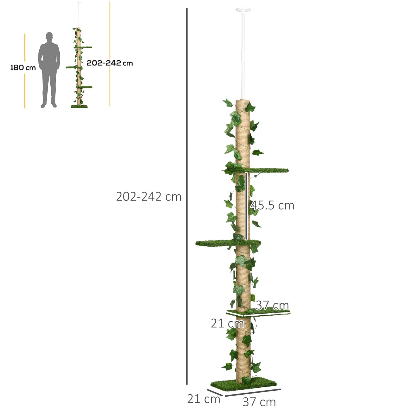 PawHut 242cm Adjustable Floor-To-Ceiling Cat Tree, with Artificial Decoration, Perches, Anti-Slip Kit - Green
