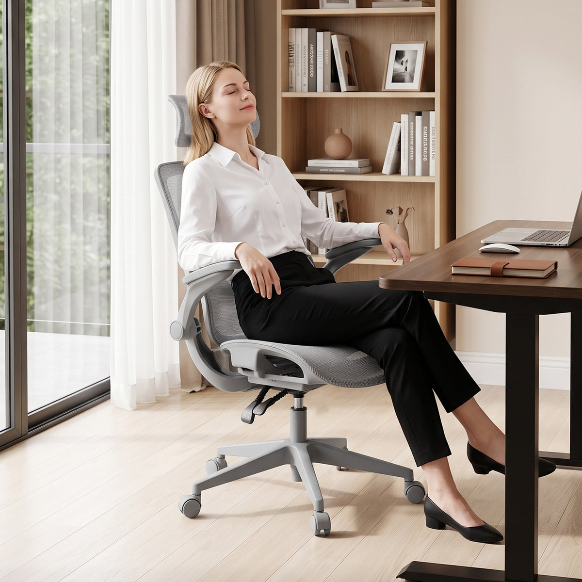 HOMCOM Ergonomic Office Chair with Adaptive Lumbar Support, Reclining Mesh Desk Chair with 2D Headrest, Flip-Up Arms, Grey