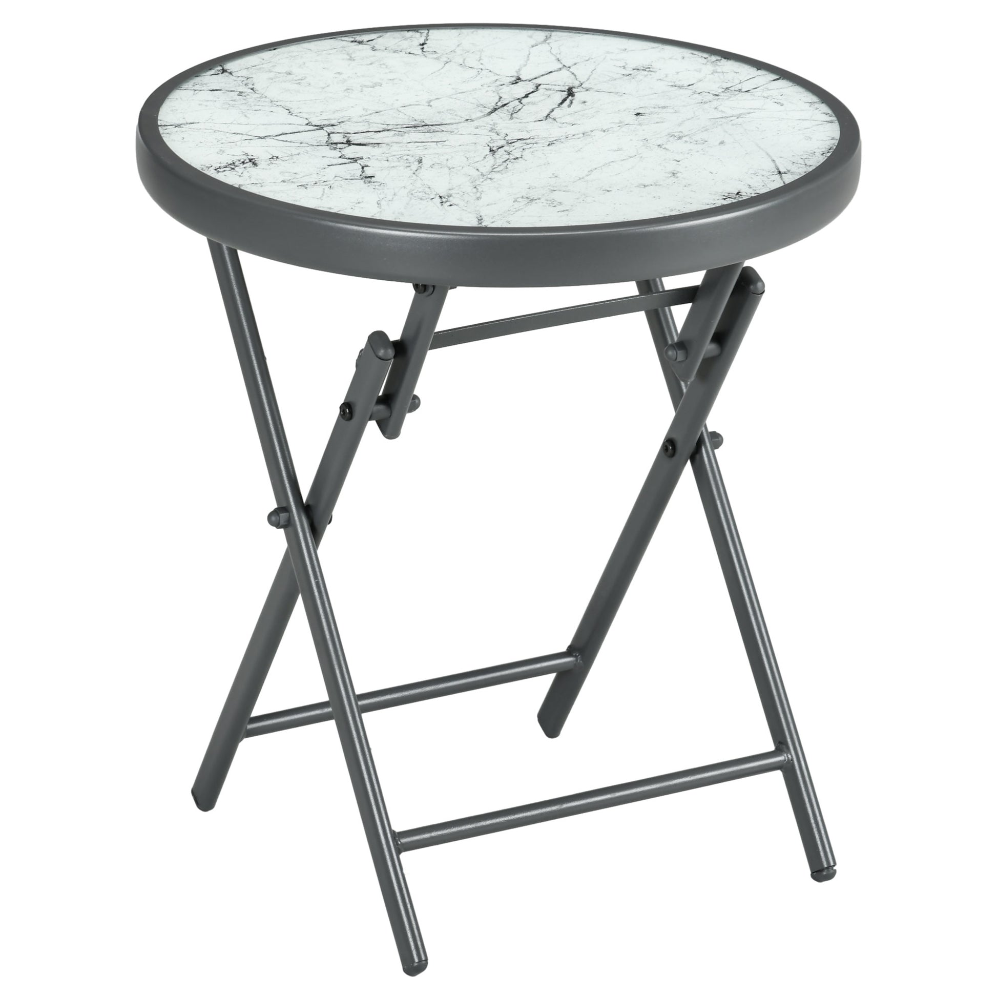 Outsunny Î¦45cm Garden Side Table, Outdoor Round Folding Patio Table with Imitation Marble Glass Top, Small Coffee Table, White