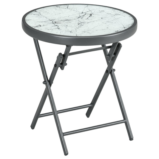 Outsunny Î¦45cm Garden Side Table, Outdoor Round Folding Patio Table with Imitation Marble Glass Top, Small Coffee Table, White