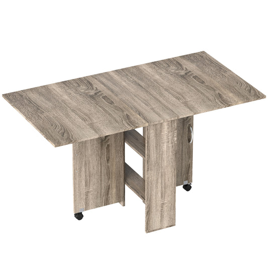 HOMCOM 80-140 cm Folding Dining Table for 4-6 People, Drop Leaf Table with 2-Tier Shelves, Rolling Casters, for Small Spaces, Kitchen, Flat, Dining Room, Grey