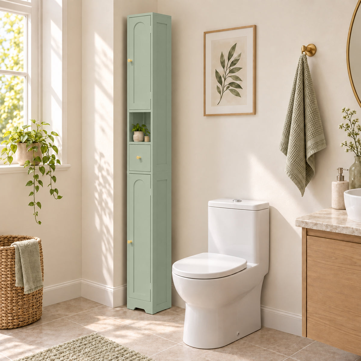HOMCOM 185 cm Tall Bathroom Cabinet with Arched Doors - Light Green