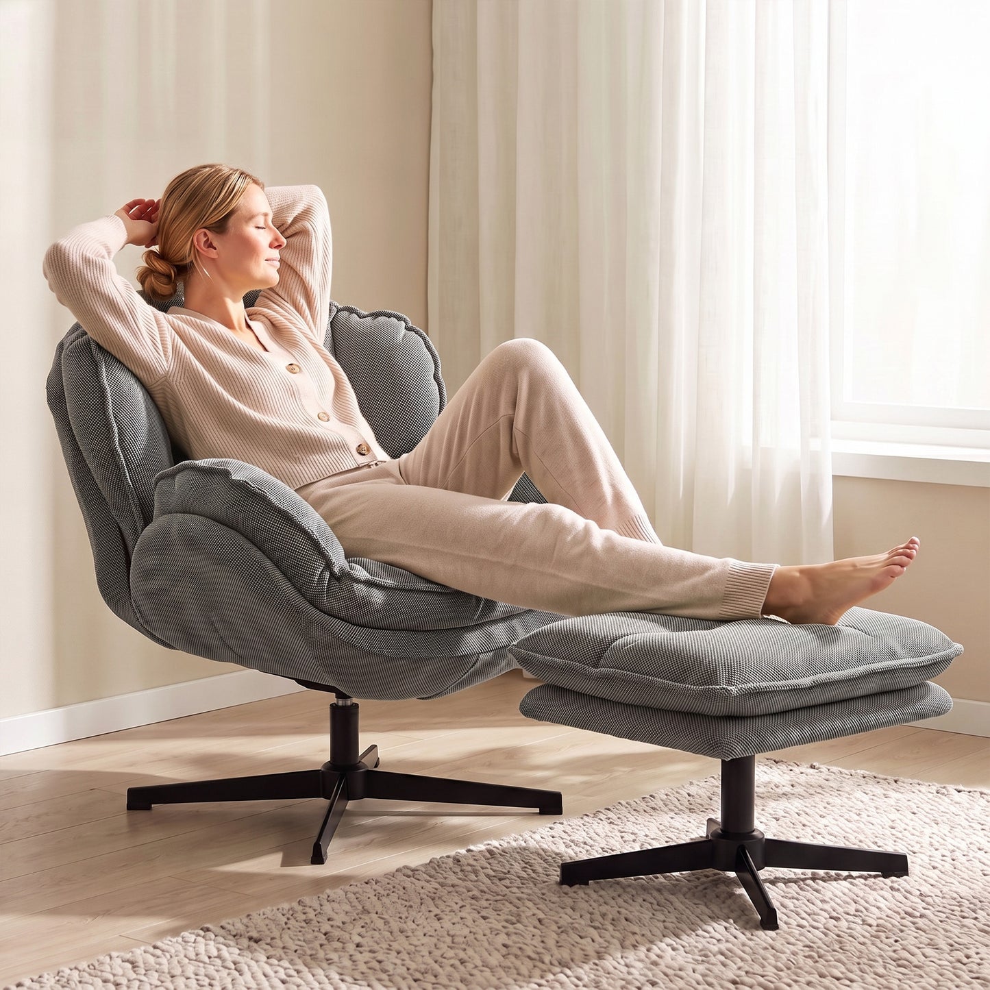 HOMCOM Armchair with Adjustable Footstool, 360Â° Swivel Chenille Cloud Accent Chair with Thick Cushion, Steel Base, Grey