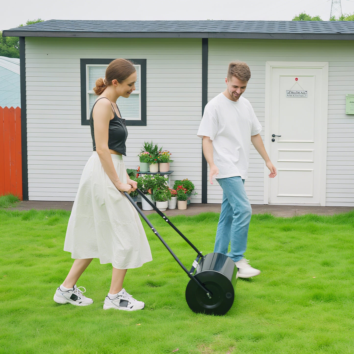DURHAND 38L Garden Lawn Roller, Water Sand Filled Outdoor Grass Roller, Heavy Duty Metal Lawn Push Rolling Tool Aerator for Grass Seeding, Soil Levelling, Black