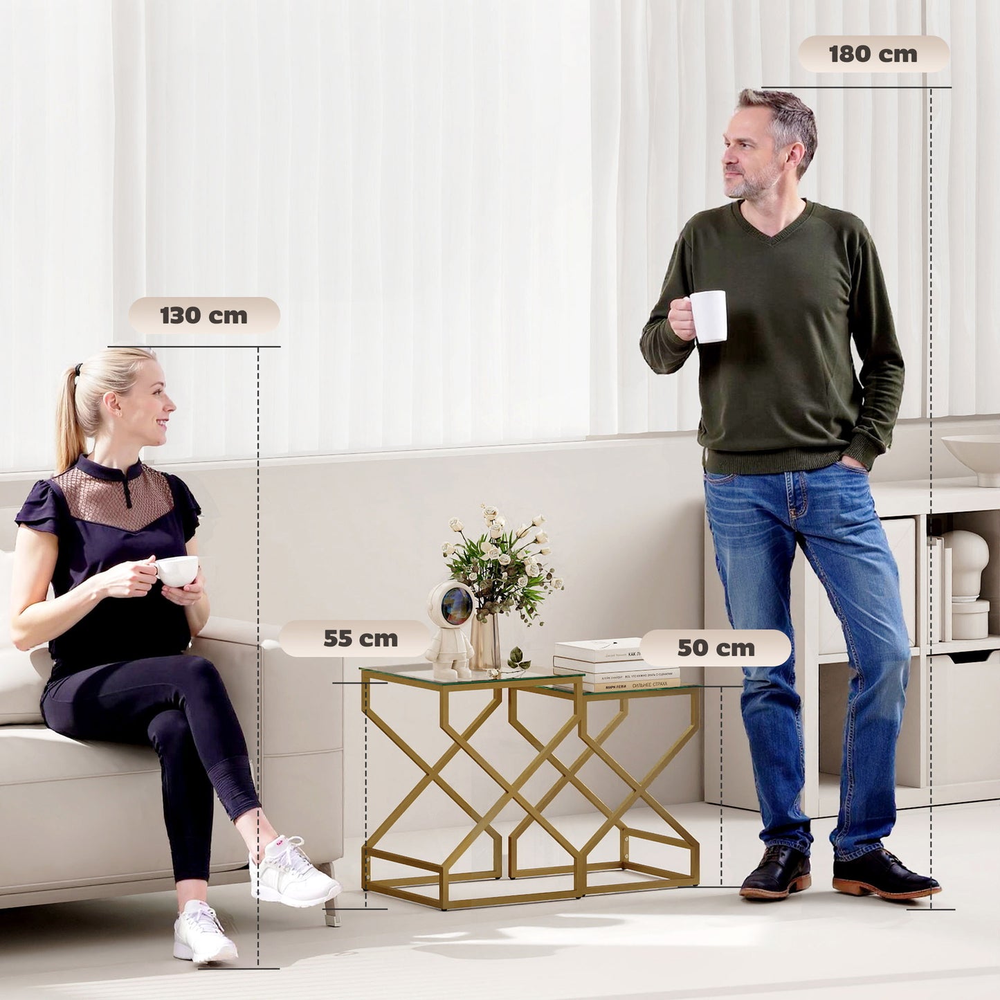 HOMCOM Nest of Tables, Side Table Set of 2 with Transparent Top, Coffee Table Set with Tempered Glass Top, Transparent