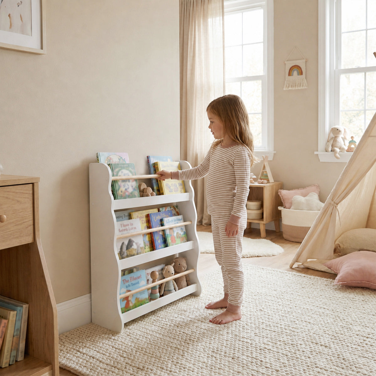 AIYAPLAY 3-Tier Kids Bookshelf Wall Mounted, Kids Bookcase for Playroom, Living Room for Toddlers and Children Aged 3-8, White