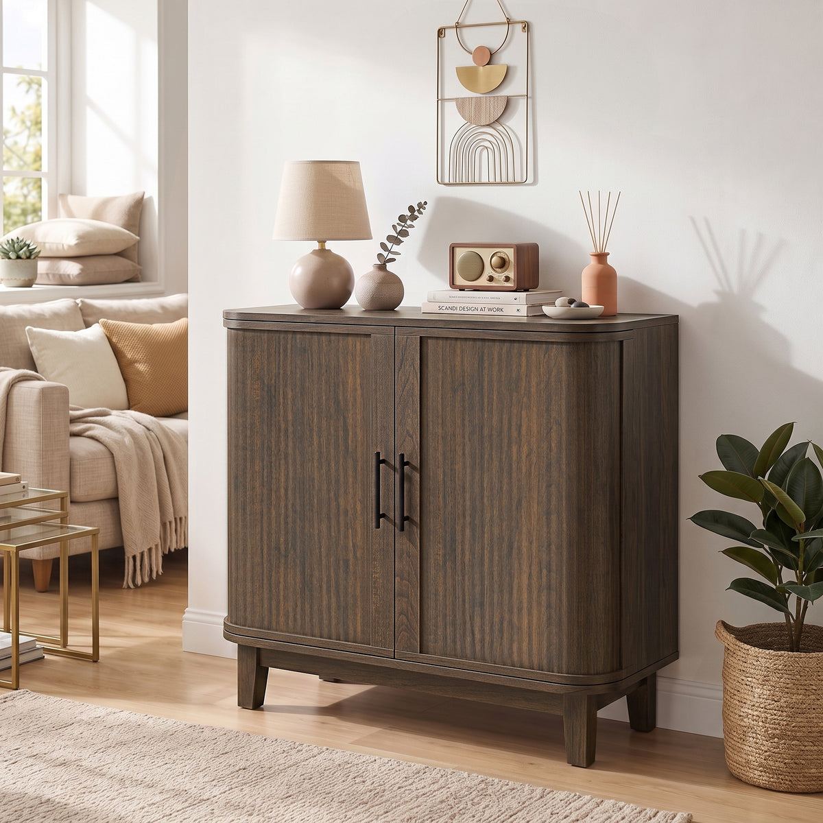 HOMCOM Sideboard Buffet Cabinet, Storage Cabinet with 2 Curved Doors, Adjustable Shelf and Legs for Dining Room, Dark Walnut
