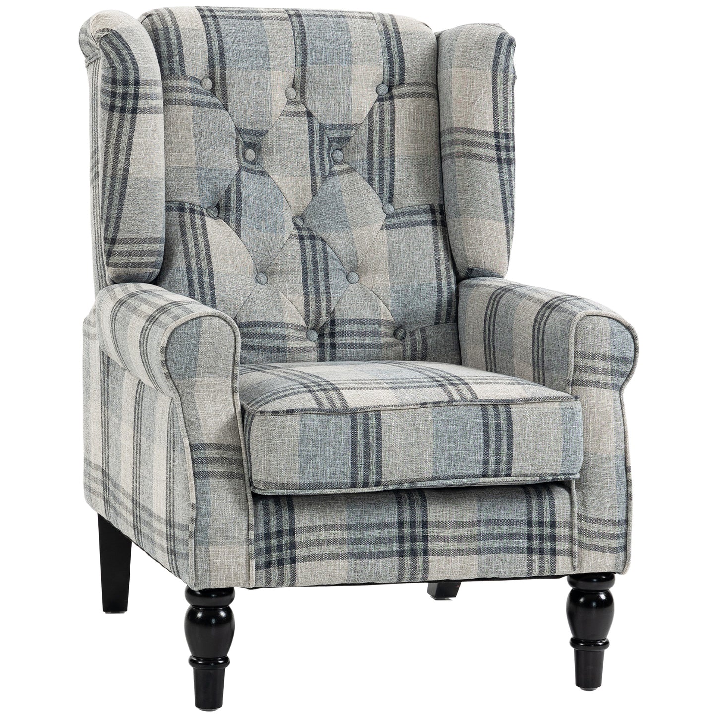 HOMCOM Faux Linen Armchair with Thick Spring Cushion, Wingback Accent Chair with High Back, Solid Wood Legs, Mixed Plaid