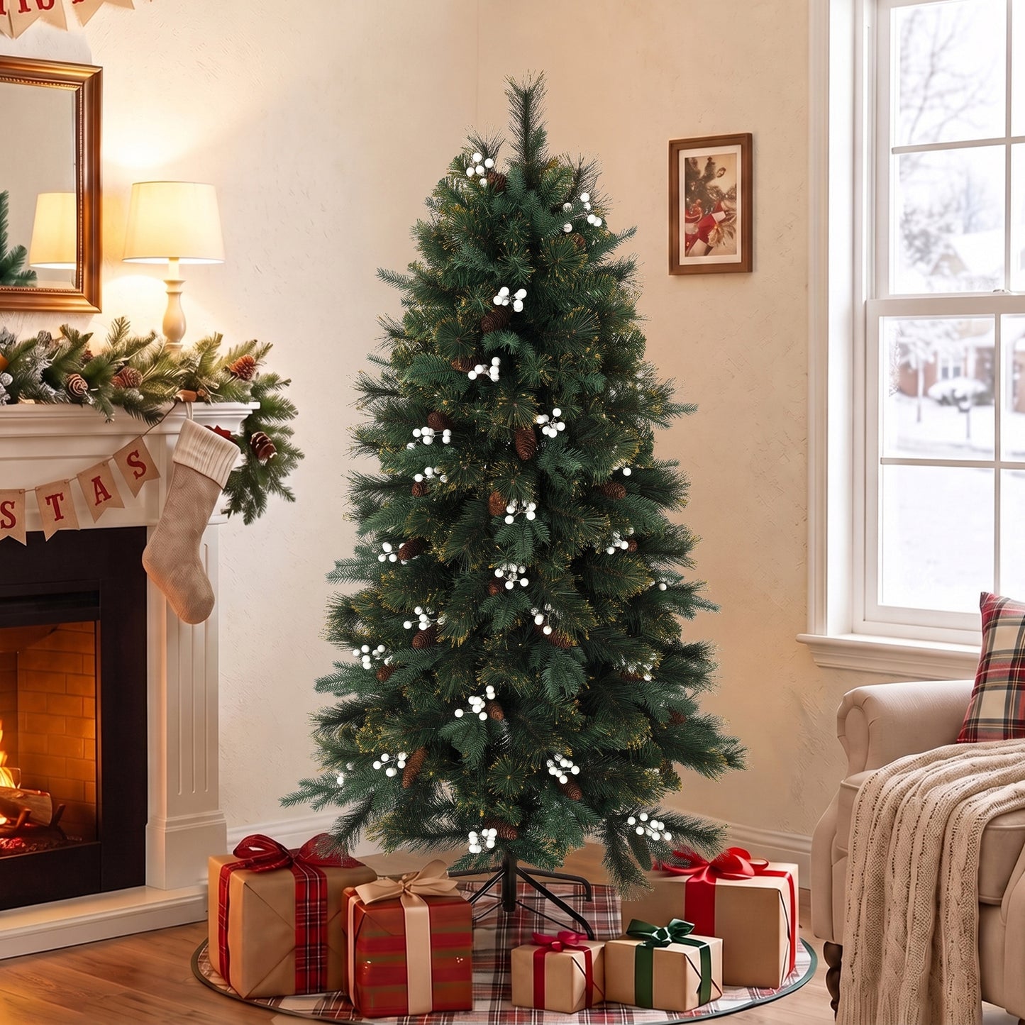 HOMCOM 5ft Artificial Christmas Tree, Fir Hinged Xmas Tree with 490 Branch Tips, Foldable Metal Stand, Easy Assembly, Green