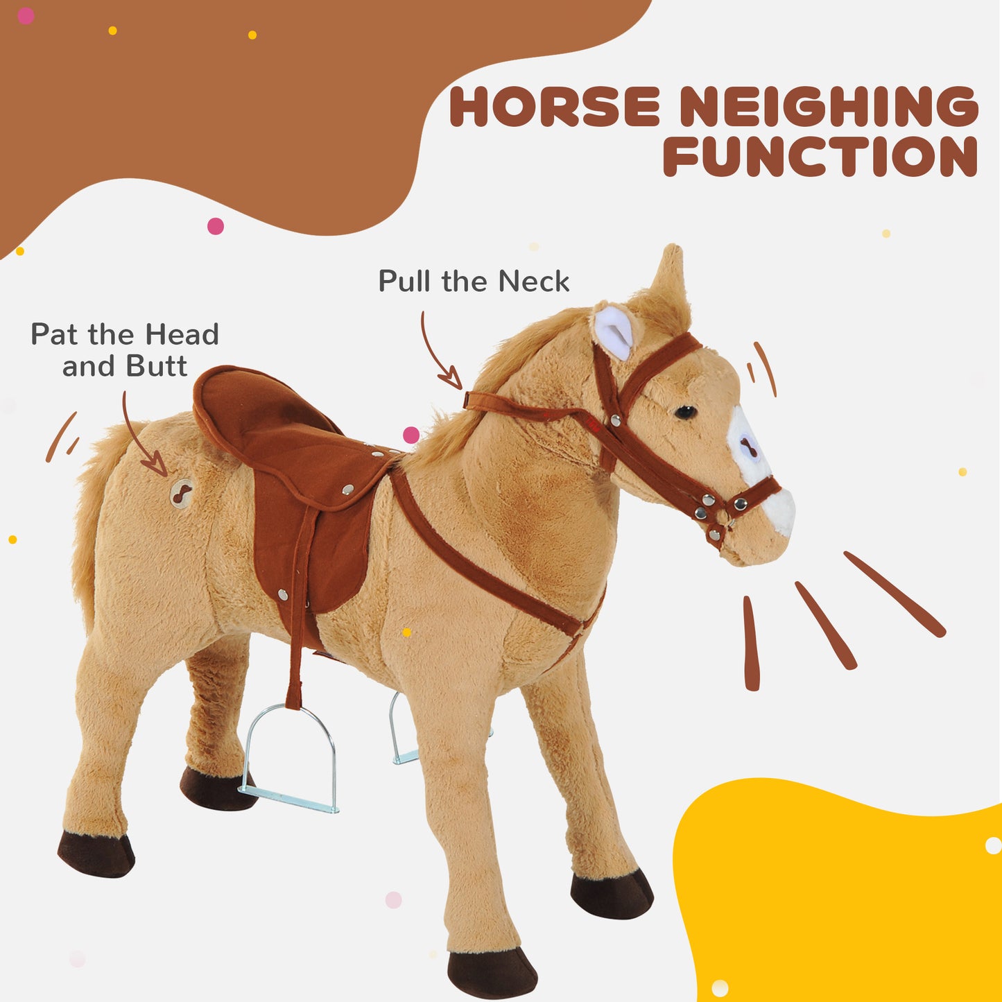 HOMCOM Kids Ride On Standing Horse Cuddly Toy Children Plush Soft Pony Gift w/ Neigh Sound or 2 Years and Up Beige