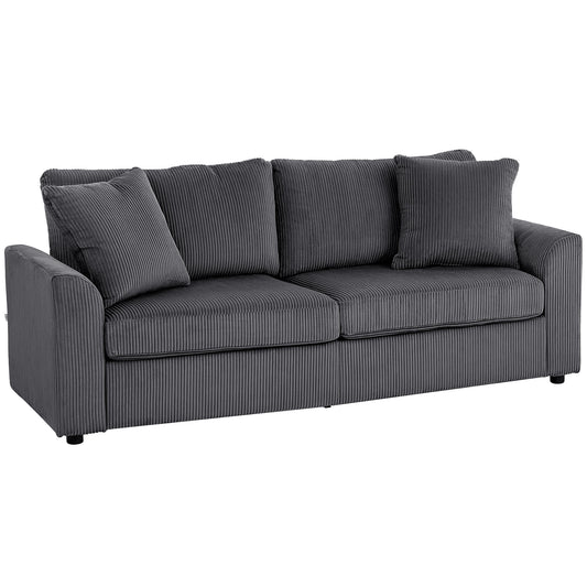 HOMCOM Modern 3 Seater Sofa with Spring Cushion, 212 cm Fabric Jumbo Cord Sofa Couch with 2 Scatter Cushions, Upholstered Corduroy Settee for Living Room, Bedroom, Home Office, Grey