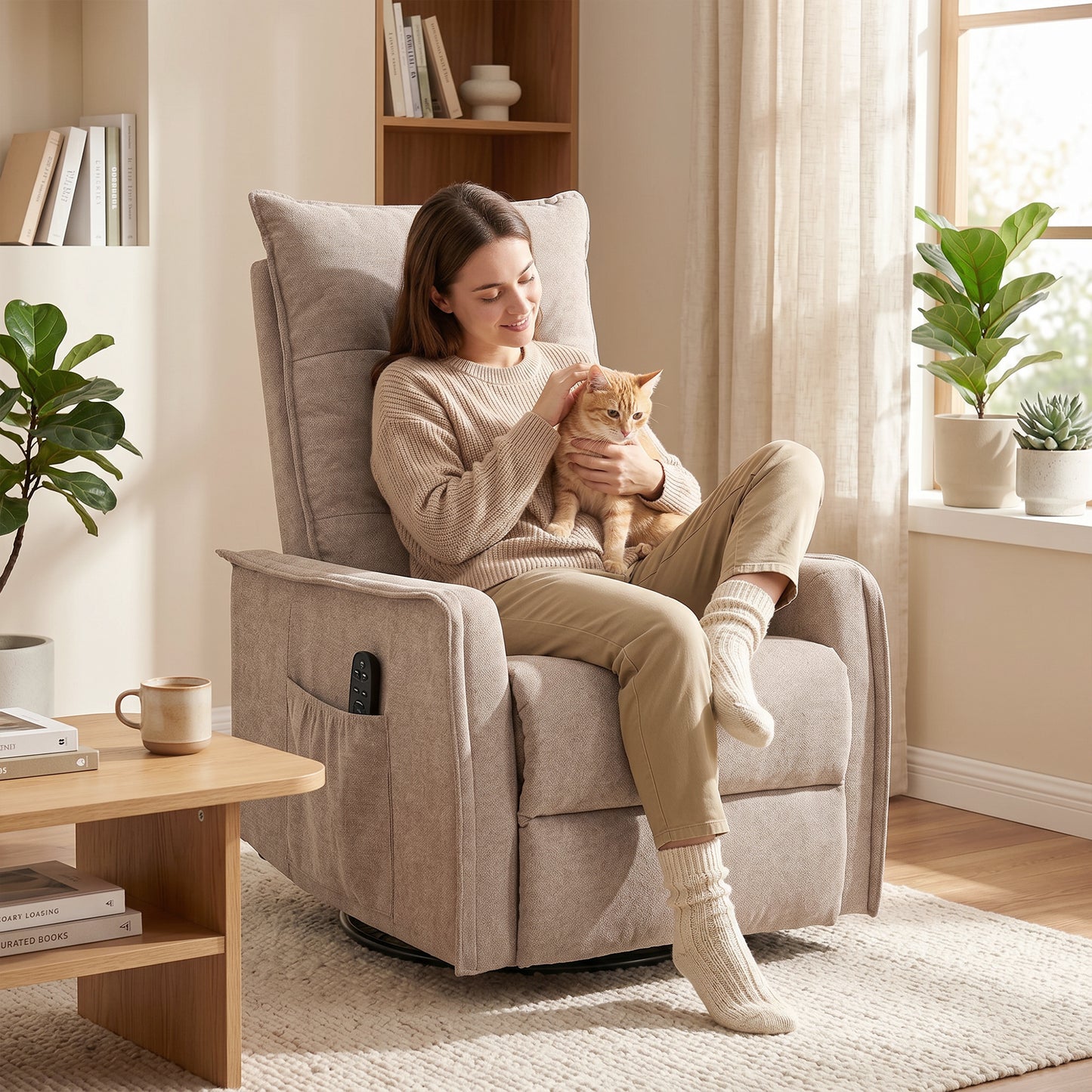 HOMCOM Recliner Armchair, Chenille Recliner Chair with Massage and Heat, 360Â° Swivel Rocking Manual Recliner, Brown