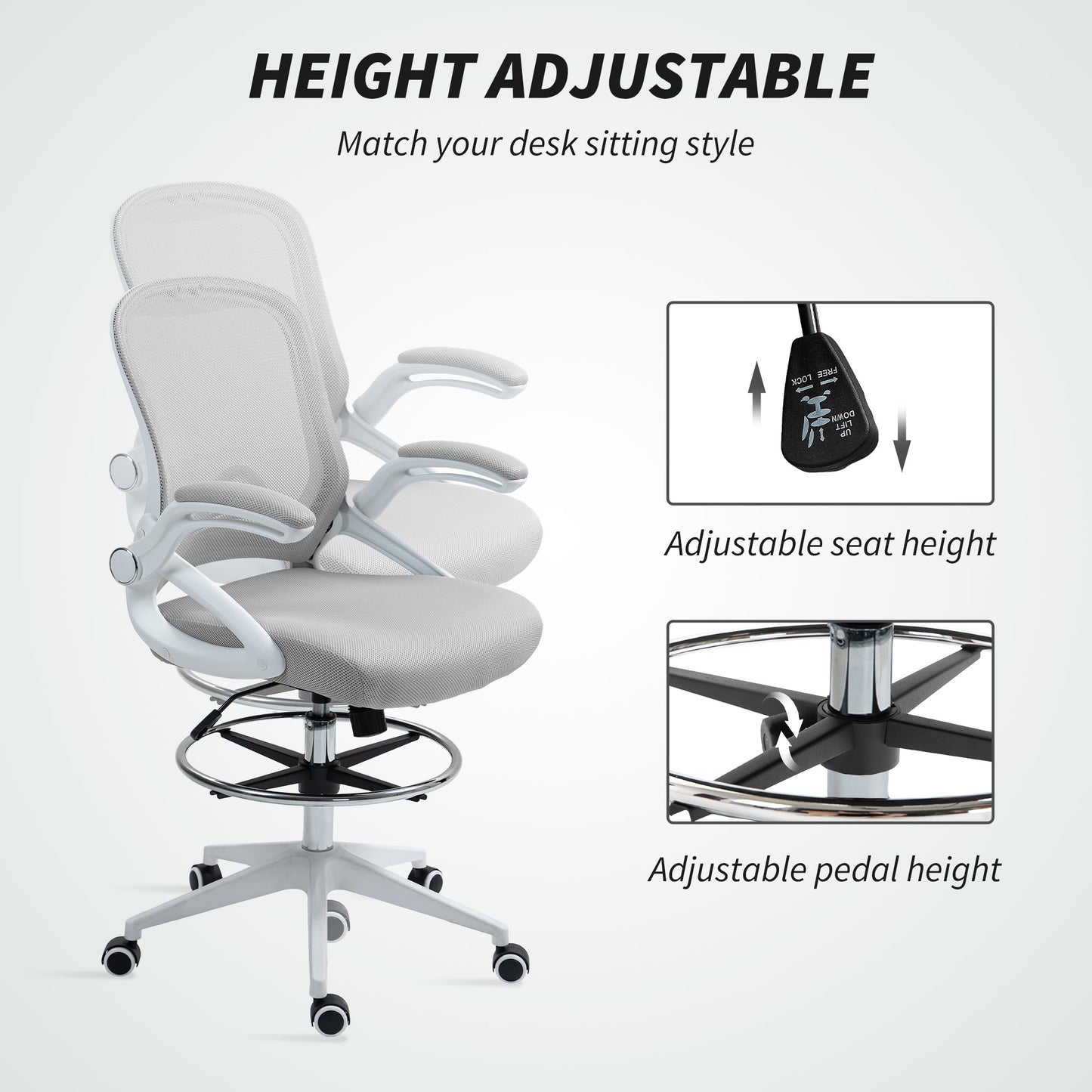 Vinsetto Drafting Chair with Flip-up Armrest, Mesh Office Stool with Foot Ring, 360 Degree Swivel Height Adjustable Chair for Standing Desk, Light Grey