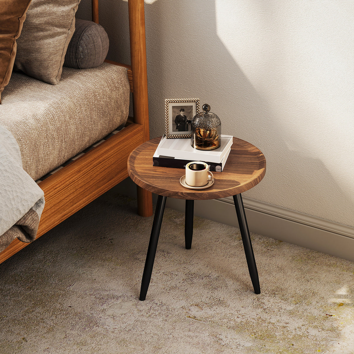HOMCOM Modern Round Coffee Table with Steel Frame for Small Space, Sofa Beside, Living Room, Chestnut Wood Effect