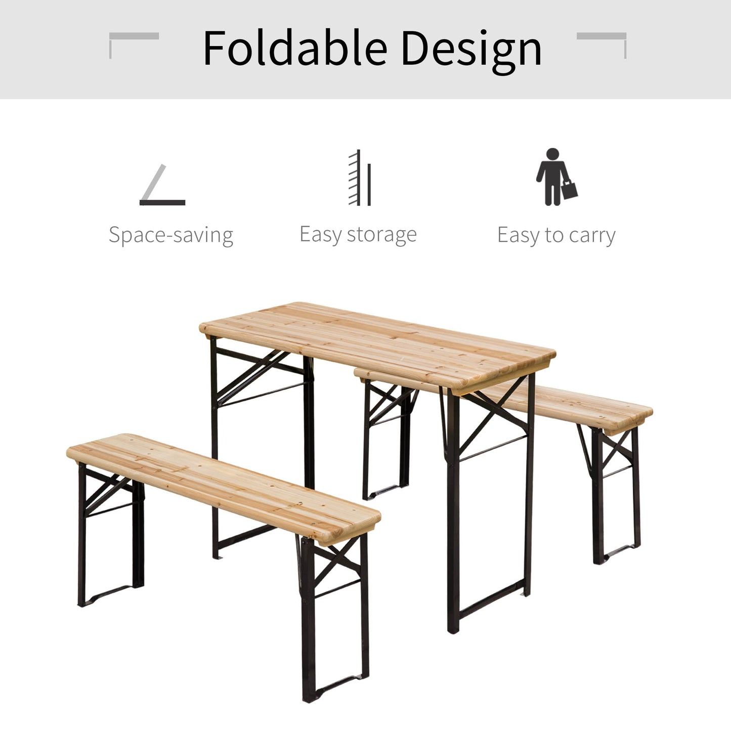 Outsunny Portable Folding Camping Picnic Table and Bench Set Garden BBQ Chairs Stools Trestle Wooden Wood (120cm(L) x 25cm(W) x 46cm(H))