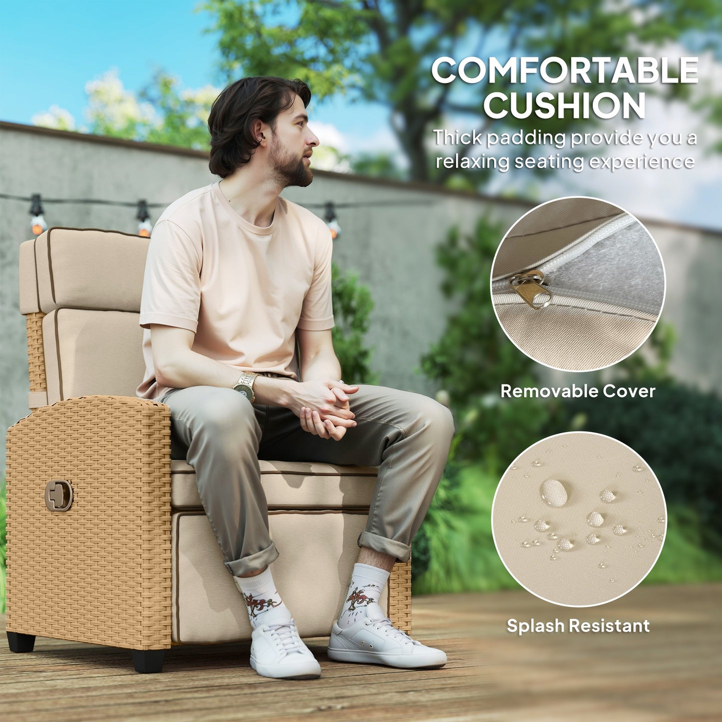 Outsunny 145° Reclining Rattan Armchair, with Footrest - Khaki/Beige