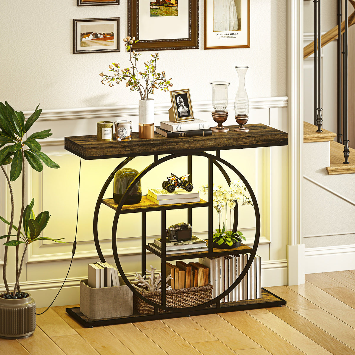 HOMCOM Industrial Console Table with LED Lights, Narrow Hallway Table with Storage Shelves, 100cm, Rustic Brown