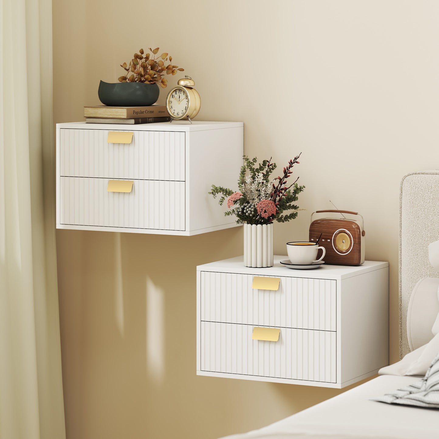 HOMCOM Modern Floating Nightstands Set of 2, Wall Mounted Bedside Tables with 2 Drawers, White