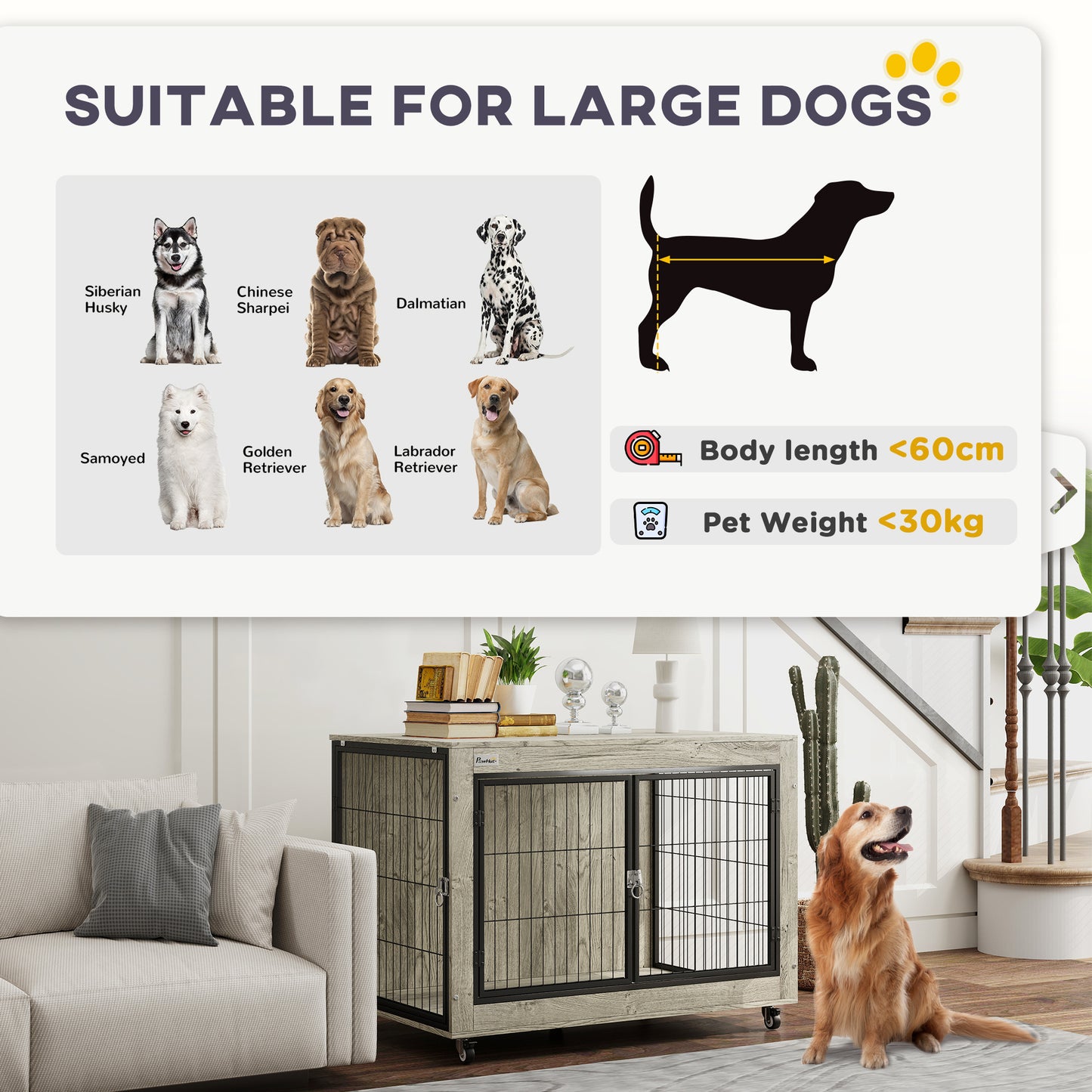 PawHut Dog Crate Furniture with Wheels, Double Doors, for Large Dogs, Grey