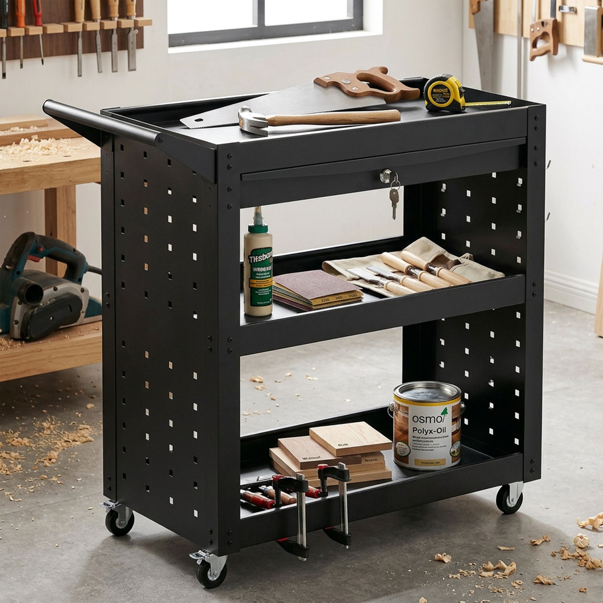HOMCOM Tool Cart with Lockable Wheels, Rolling Workshop Cart with 3-Tier Trays, Drawer, Pegboards, Black